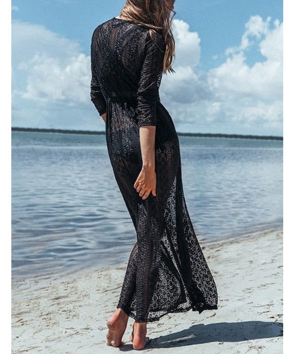 Women Sexy Lace Crochet Open Front Swimsuit Beach Long Kimono Cover Ups - Black 1 - CL18E0NHLTN $19.40-Cover-Ups