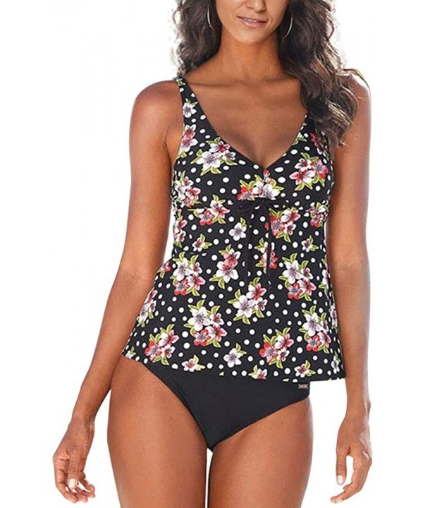 Women's Plunge Floral Tankini Bathing Suits Blouson Style Black XL - CT18NARYXUX $18.59-Tankinis