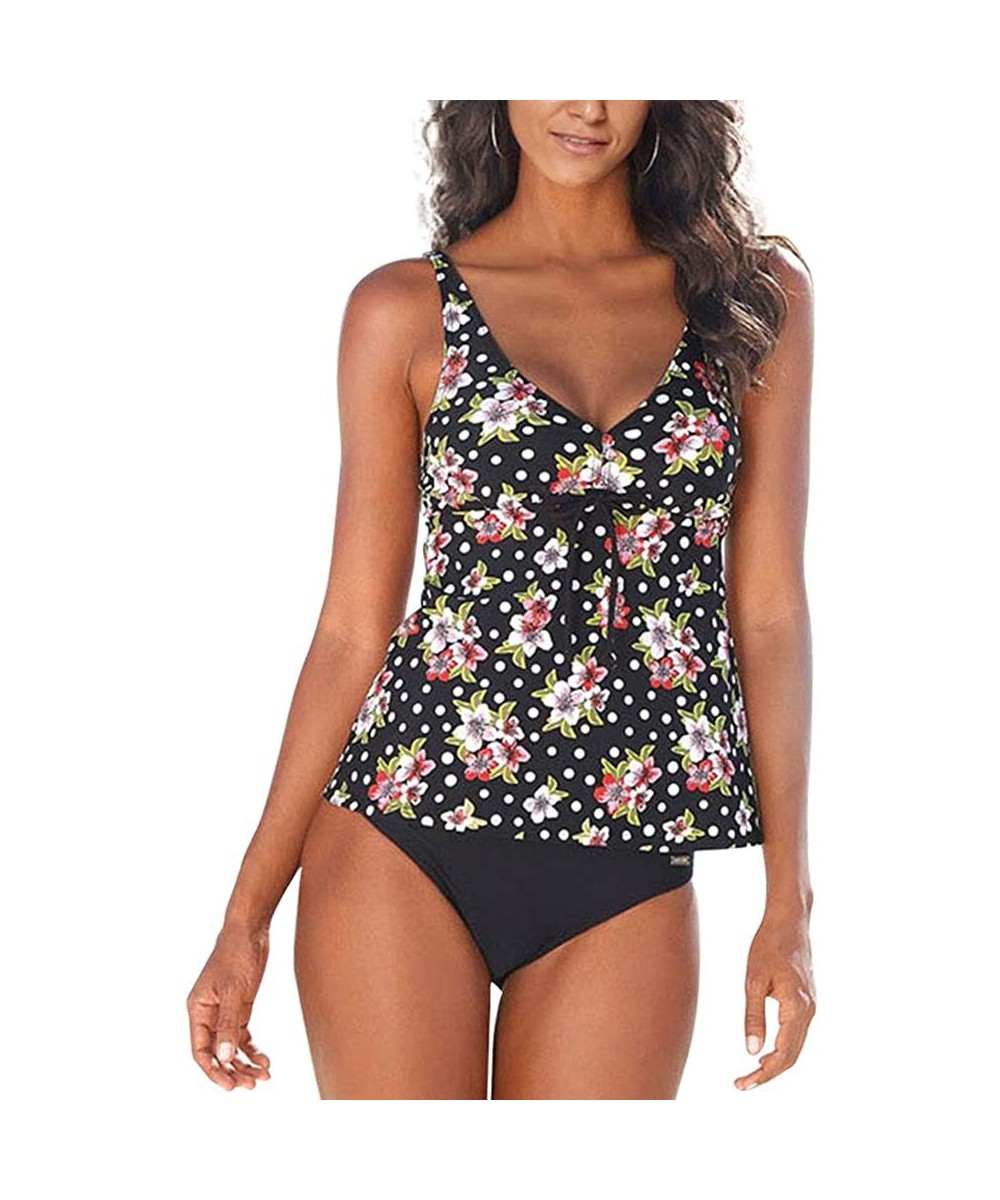 Women's Plunge Floral Tankini Bathing Suits Blouson Style Black XL - CT18NARYXUX $18.59-Tankinis