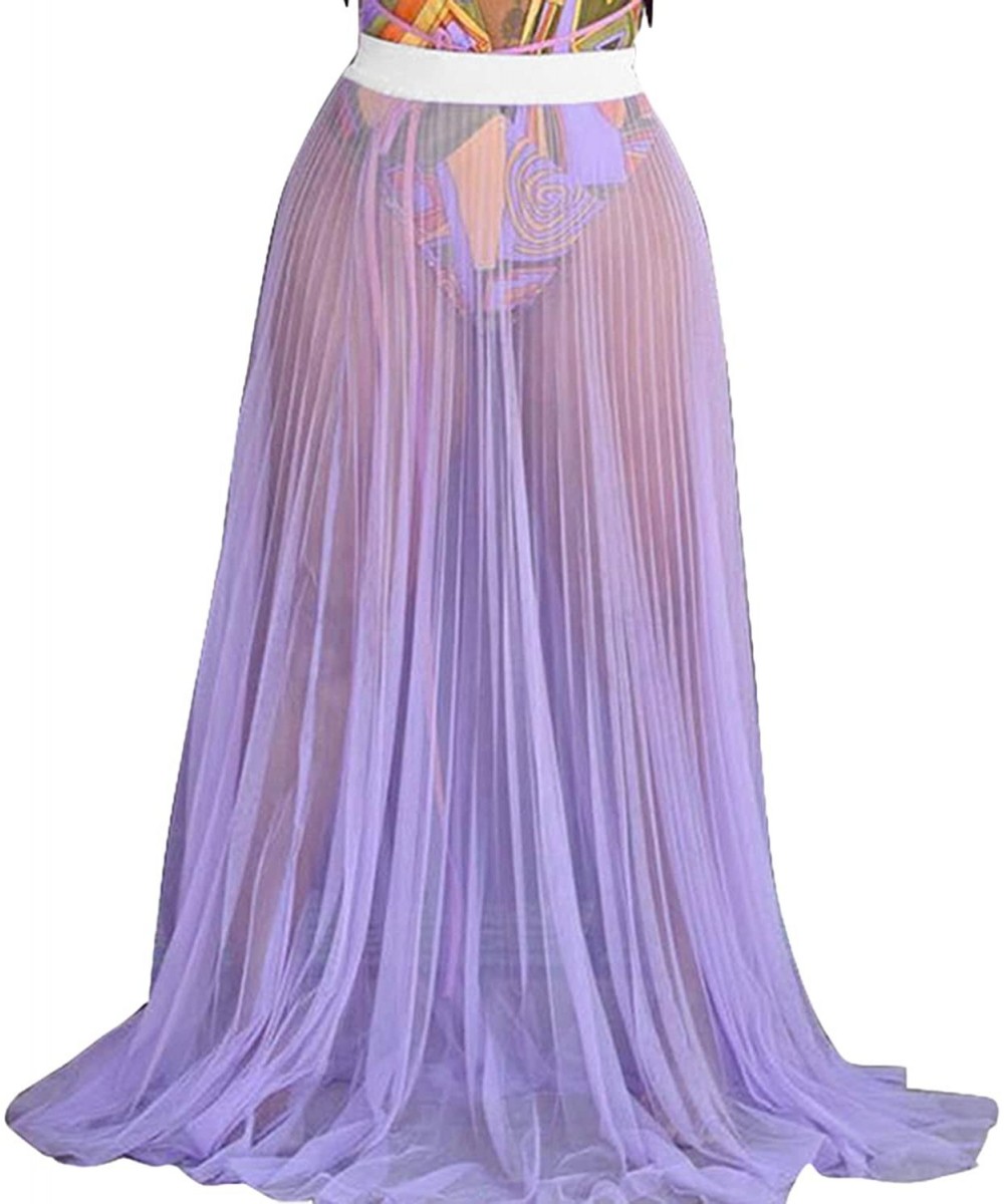 Women's See Through Sheer Mesh Pleated High Waist Beach Swimsuit Cover Up Maxi Skirts Party Club Gauzy Long Skirts - Purple -...