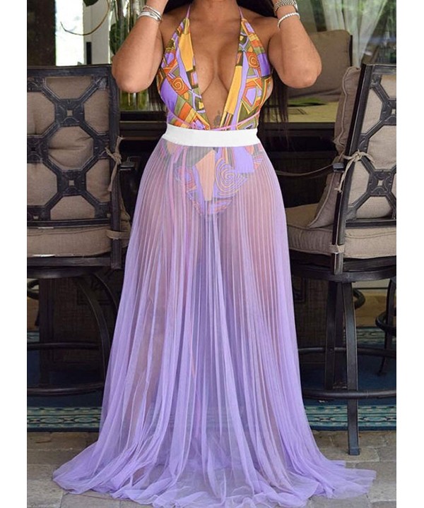 Women's See Through Sheer Mesh Pleated High Waist Beach Swimsuit Cover Up Maxi Skirts Party Club Gauzy Long Skirts - Purple -...