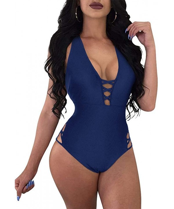 Women Sexy One Piece Swimsuit Lace Up V Neck Plunge Crisscross Bathing Suit - Navy Blue - C318X3WR3E7 $19.50-One-Pieces