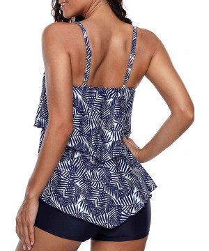 Womens Floral Bathing Suits 2 Piece Swimsuits Layered Ruffle Tops with Boyshorts Bottoms Swimwear Tankini Set Blue - CU196D45...