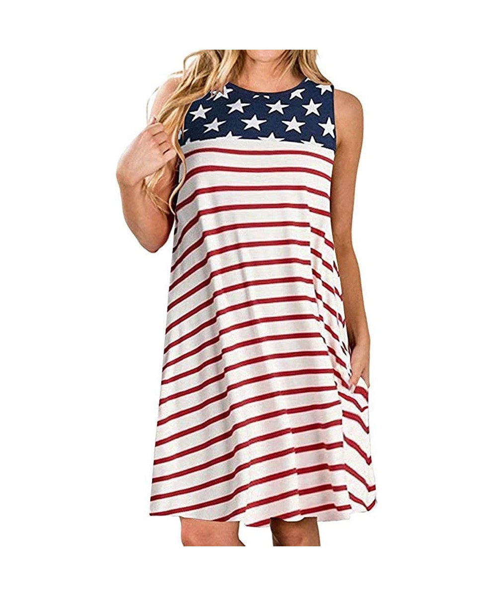 Summer Dresses for Women Beach Floral Tshirt Sundress Sleeveless Pockets Casual Loose Tank Dress - American Flag - CZ18SQ6EM0...