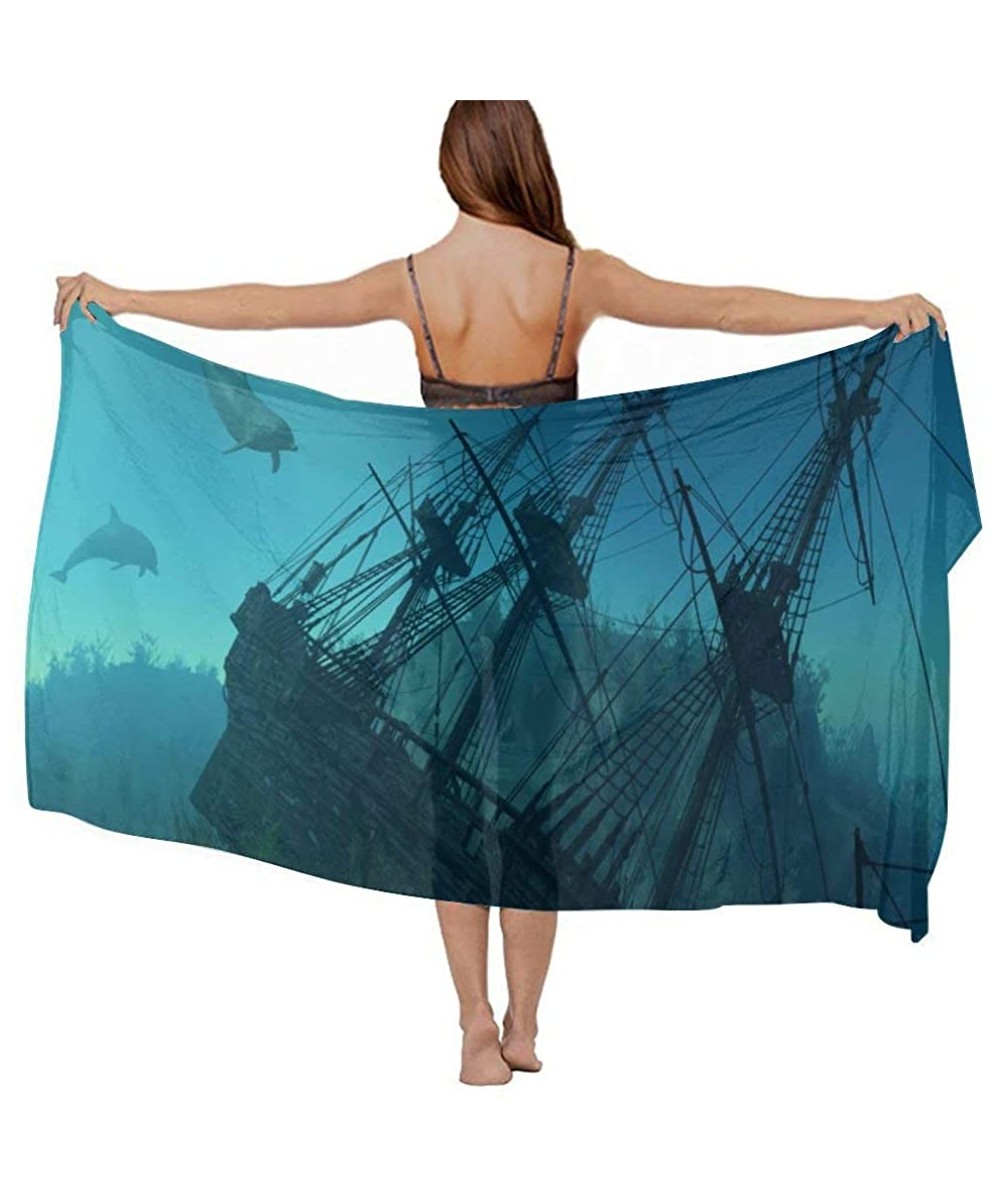 Women Chiffon Scarf Shawl Wrap Sunscreen Beach Swimsuit Bikini Cover Up Ocean Shipwreck Dolphin Ship Mystery Treasure - C7190...