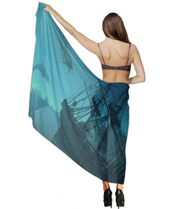 Women Chiffon Scarf Shawl Wrap Sunscreen Beach Swimsuit Bikini Cover Up Ocean Shipwreck Dolphin Ship Mystery Treasure - C7190...