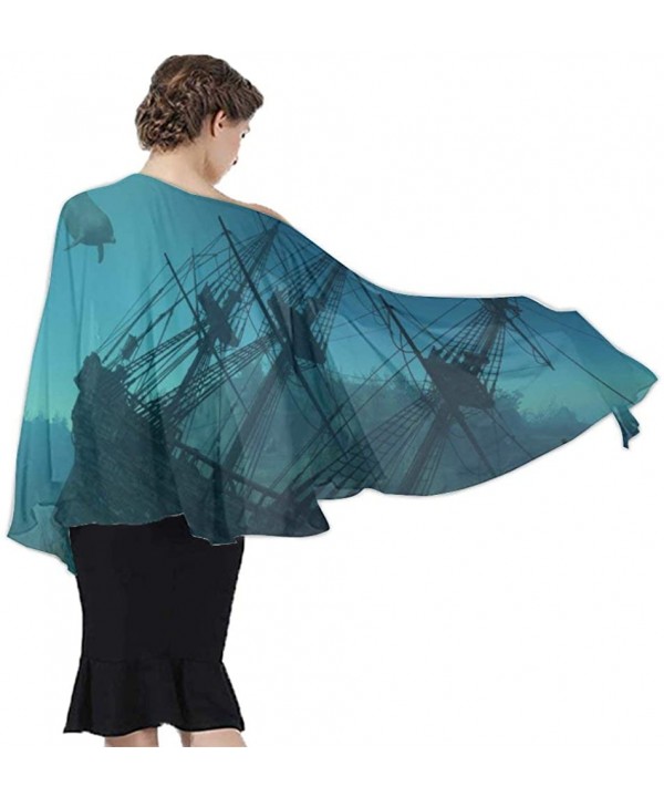 Women Chiffon Scarf Shawl Wrap Sunscreen Beach Swimsuit Bikini Cover Up Ocean Shipwreck Dolphin Ship Mystery Treasure - C7190...