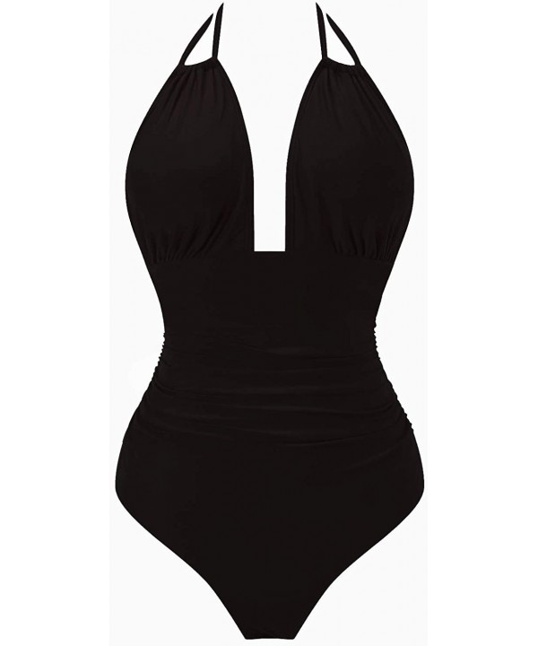 Womens One Piece Swimsuits Tummy Control Swimwear Backless Deep V Neck Halter Monokini Bathing Suits - 01black - C718RMLKEYM ...