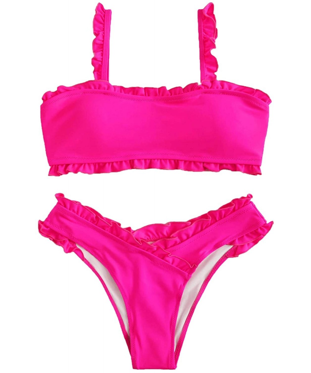 Women's Bathing Suits Spaghetti Strap Ruffle Wrap Bikini Set Two Piece Swimsuits - Hot Pink - CB18S6UHS0Z $21.53-Sets