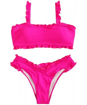 Women's Bathing Suits Spaghetti Strap Ruffle Wrap Bikini Set Two Piece Swimsuits - Hot Pink - CB18S6UHS0Z $21.53-Sets