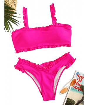 Women's Bathing Suits Spaghetti Strap Ruffle Wrap Bikini Set Two Piece Swimsuits - Hot Pink - CB18S6UHS0Z $21.53-Sets