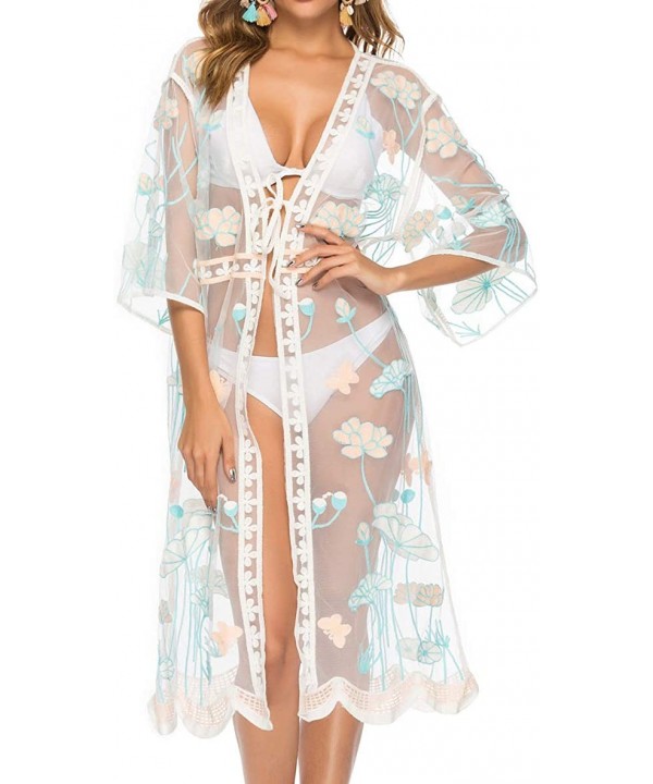 Women's Sleeve Floral Chiffon Kimono Cardigan Blouse - Embroidered Lotus - CC18EMUIOM4 $23.33-Cover-Ups