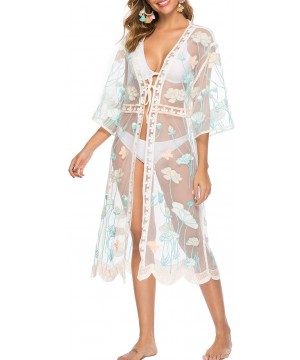 Women's Sleeve Floral Chiffon Kimono Cardigan Blouse - Embroidered Lotus - CC18EMUIOM4 $23.33-Cover-Ups