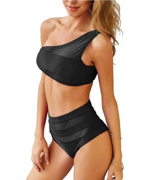 Womens One Shoulder Mesh Patchwork High Waisted 2 Pieces Swimwear - Black - CX18TD6GAIL $16.73-One-Pieces