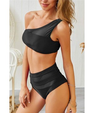 Womens One Shoulder Mesh Patchwork High Waisted 2 Pieces Swimwear - Black - CX18TD6GAIL $16.73-One-Pieces