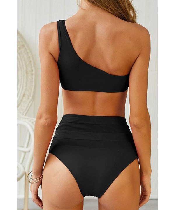 Womens One Shoulder Mesh Patchwork High Waisted 2 Pieces Swimwear - Black - CX18TD6GAIL $16.73-One-Pieces