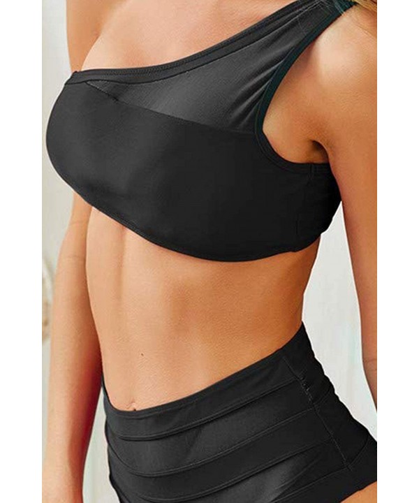 Womens One Shoulder Mesh Patchwork High Waisted 2 Pieces Swimwear - Black - CX18TD6GAIL $16.73-One-Pieces