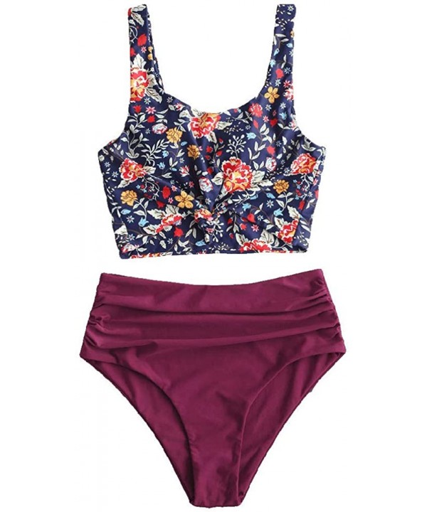 Women's Knotted Tankini Set Tropical Leaf High Waisted Bikini Set Two Piece Bathing Suit - Plum Pie-floral Print - C0196A96EI...