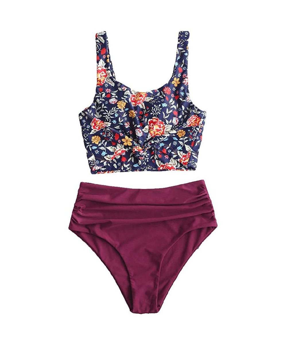 Women's Knotted Tankini Set Tropical Leaf High Waisted Bikini Set Two Piece Bathing Suit - Plum Pie-floral Print - C0196A96EI...