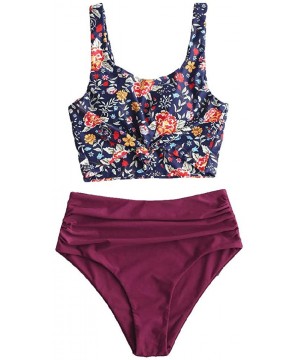 Women's Knotted Tankini Set Tropical Leaf High Waisted Bikini Set Two Piece Bathing Suit - Plum Pie-floral Print - C0196A96EI...