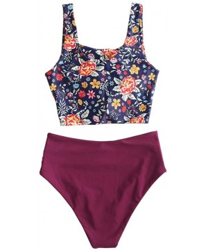 Women's Knotted Tankini Set Tropical Leaf High Waisted Bikini Set Two Piece Bathing Suit - Plum Pie-floral Print - C0196A96EI...