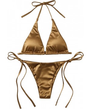 Women's Sexy Metallic Halter Top Swimsuit Tie Side Triangle Bikini - Gold - CX18Q3XMUYR $20.75-Sets