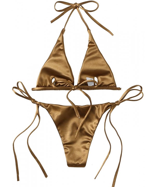 Women's Sexy Metallic Halter Top Swimsuit Tie Side Triangle Bikini - Gold - CX18Q3XMUYR $20.75-Sets