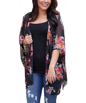 Women's S 3XL Floral Print Kimono Tops Cover Up Cardigans - Style2-black - CY18ORG8SI7 $19.77-Cover-Ups