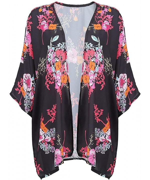 Women's S 3XL Floral Print Kimono Tops Cover Up Cardigans - Style2-black - CY18ORG8SI7 $19.77-Cover-Ups