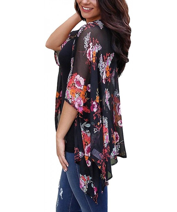 Women's S 3XL Floral Print Kimono Tops Cover Up Cardigans - Style2-black - CY18ORG8SI7 $19.77-Cover-Ups