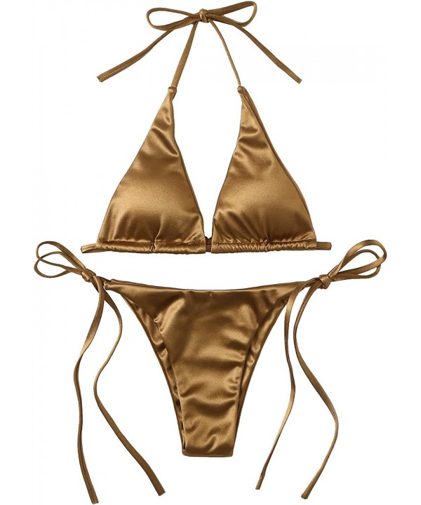 Women's Sexy Metallic Halter Top Swimsuit Tie Side Triangle Bikini - Gold - CX18Q3XMUYR $20.75-Sets