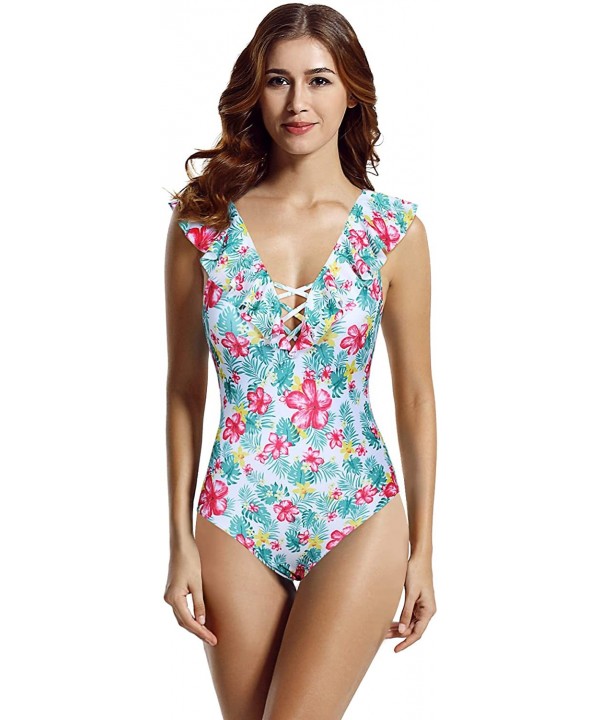 Women's Ruffle V Neck One Piece Swimsuit - Tropic Floral - CN193Y52EN2 $20.11-One-Pieces