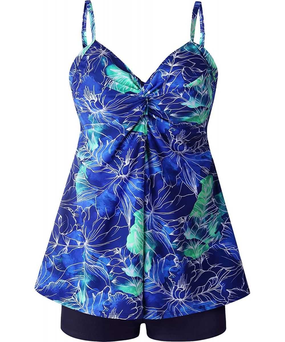 Womens Plus Size Swimsuits Swimwear Bathing Suit Two Piece Tankini Floral Print - Blue & Green - CY18TTXXC9D $30.42-Sets