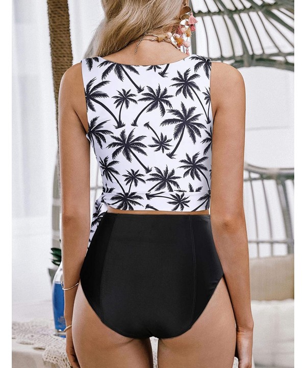 Womens Tie Knot High Waisted Bikini Set 2 Piece Retro High Neck Leaf Print Racerback Bathing Suit - Black - CQ194OR6OLC $16.7...