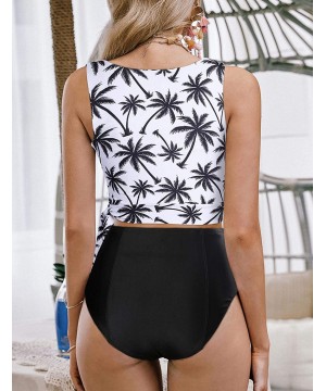 Womens Tie Knot High Waisted Bikini Set 2 Piece Retro High Neck Leaf Print Racerback Bathing Suit - Black - CQ194OR6OLC $16.7...