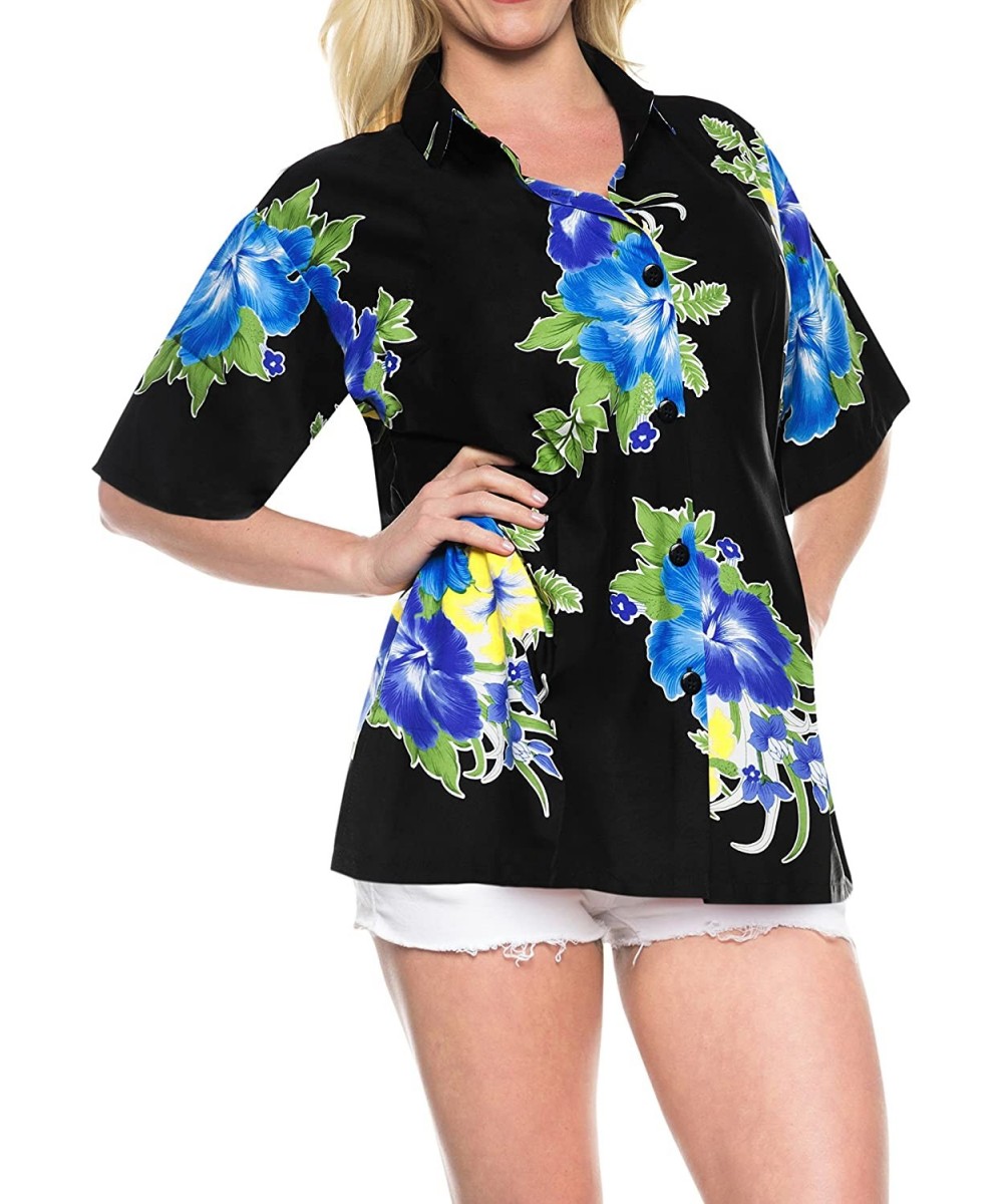 Women Hawaiian Shirt Lightweight Button Down Collar Short Sleeves Pink - Blue_x17 - CN12N2GOBPC $20.66-Cover-Ups