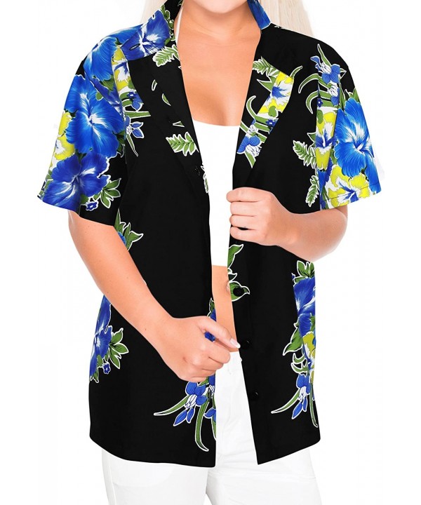 Women Hawaiian Shirt Lightweight Button Down Collar Short Sleeves Pink - Blue_x17 - CN12N2GOBPC $20.66-Cover-Ups