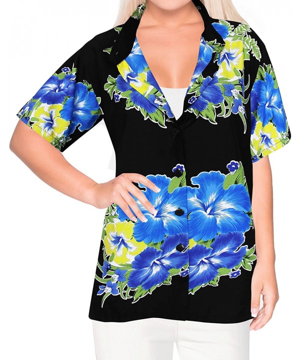 Women Hawaiian Shirt Lightweight Button Down Collar Short Sleeves Pink - Blue_x17 - CN12N2GOBPC $20.66-Cover-Ups