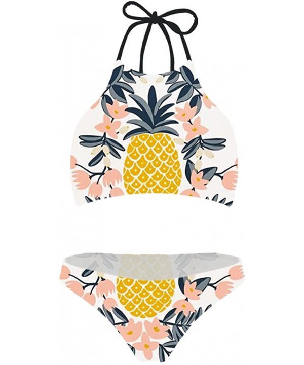 Women Bikini Set Swimwear 3D Print Tie Halter Padding 2 Piece Summer Beach Swimsuit High Neck - Pineapole Design - CU195TTH4A...