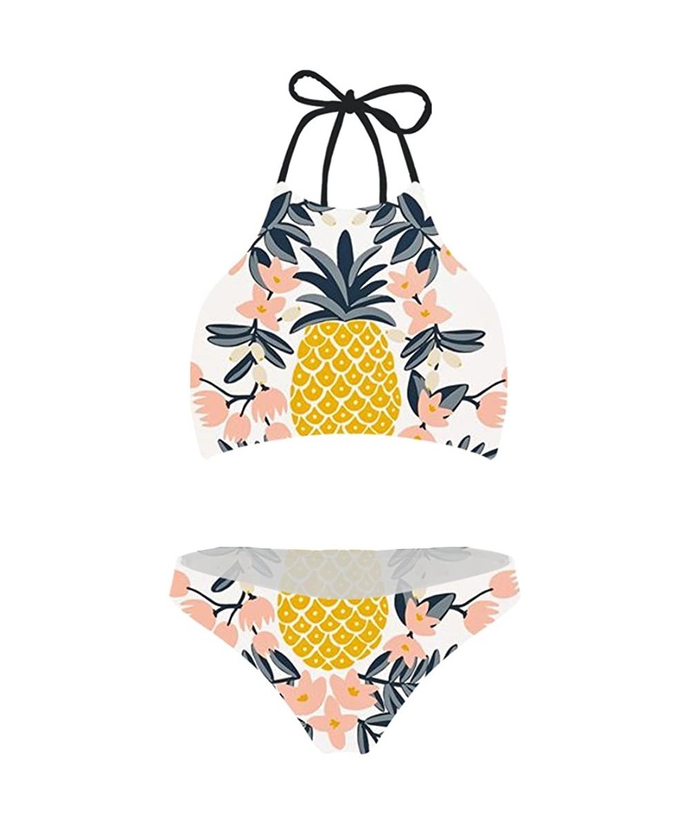 Women Bikini Set Swimwear 3D Print Tie Halter Padding 2 Piece Summer Beach Swimsuit High Neck - Pineapole Design - CU195TTH4A...