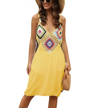 Women's Summer Spaghetti Strap Hollow Out Crochet Casual Swing Tank Beach Cover Up Dress - C-yellow - CY196SZS7GD $25.14-Cove...