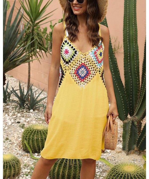 Women's Summer Spaghetti Strap Hollow Out Crochet Casual Swing Tank Beach Cover Up Dress - C-yellow - CY196SZS7GD $25.14-Cove...