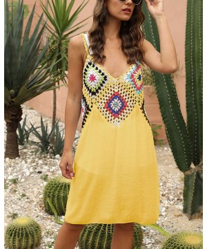 Women's Summer Spaghetti Strap Hollow Out Crochet Casual Swing Tank Beach Cover Up Dress - C-yellow - CY196SZS7GD $25.14-Cove...