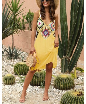 Women's Summer Spaghetti Strap Hollow Out Crochet Casual Swing Tank Beach Cover Up Dress - C-yellow - CY196SZS7GD $25.14-Cove...