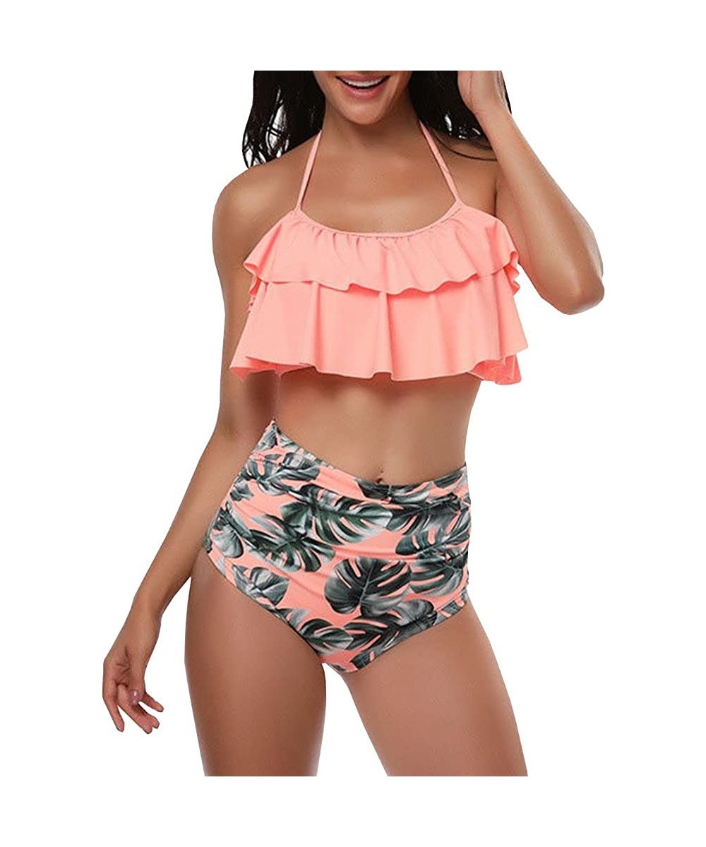 Womens High Waist Swimsuits Flounce Falbala Bikini Set Two Piece Padded Bathing Suit - Orange - CF18MGUSS5S $16.87-Sets