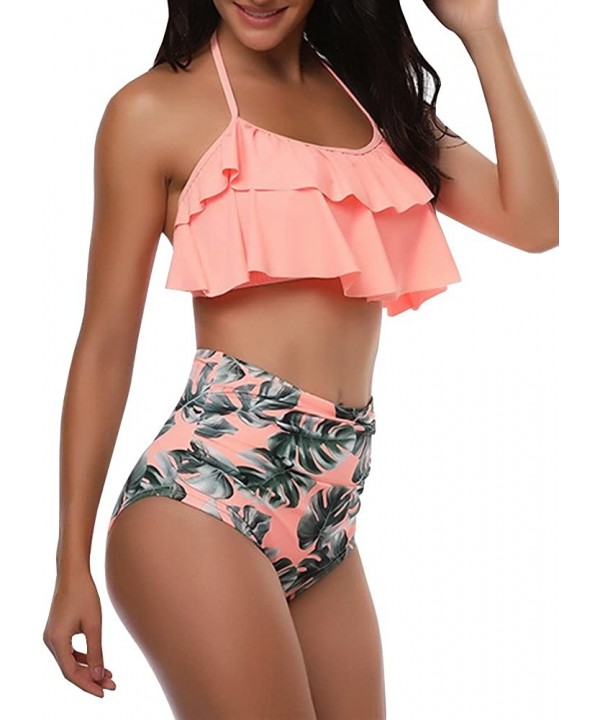 Womens High Waist Swimsuits Flounce Falbala Bikini Set Two Piece Padded Bathing Suit - Orange - CF18MGUSS5S $16.87-Sets