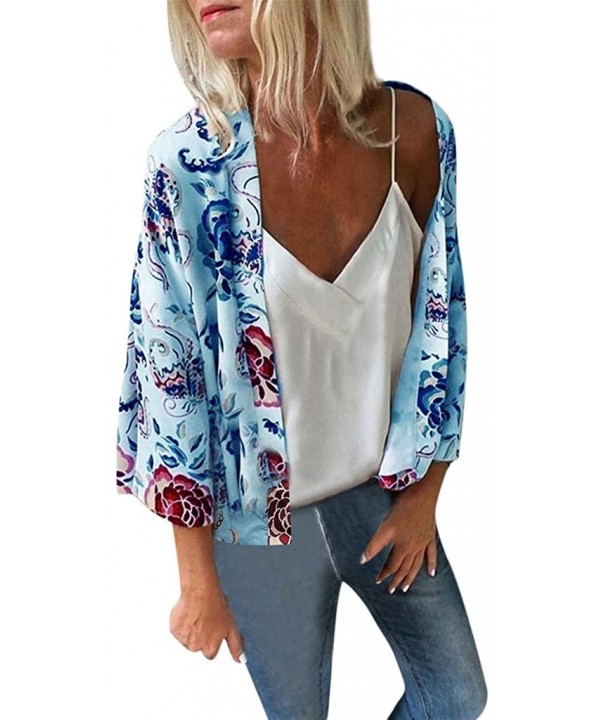 Ladies Fashion Boho Printed Beach Sunscreen Shirt Loose Casual Swimsuit Cover Up Kimono Cardigan Tops Blue short - C618XURT0X...