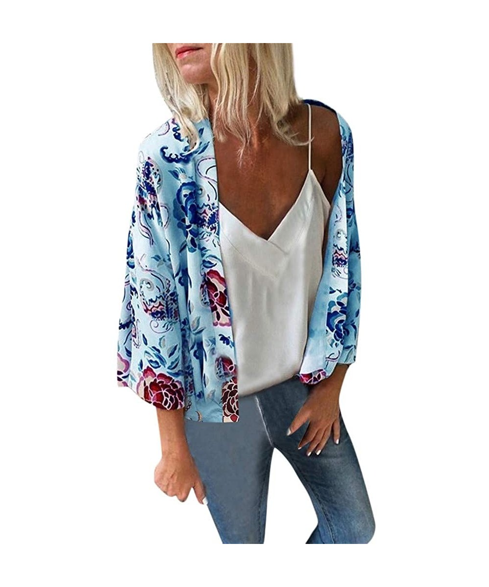 Ladies Fashion Boho Printed Beach Sunscreen Shirt Loose Casual Swimsuit Cover Up Kimono Cardigan Tops Blue short - C618XURT0X...