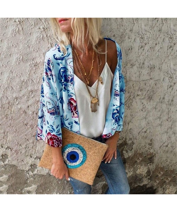 Ladies Fashion Boho Printed Beach Sunscreen Shirt Loose Casual Swimsuit Cover Up Kimono Cardigan Tops Blue short - C618XURT0X...