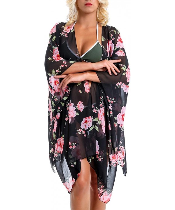 Cover Up for Swimwear Women Floral Kimono Cardigan Shawl Half Sleeve Chiffon Summer Beach Bikini Blouse - Black - CP18Y2SOOW6...